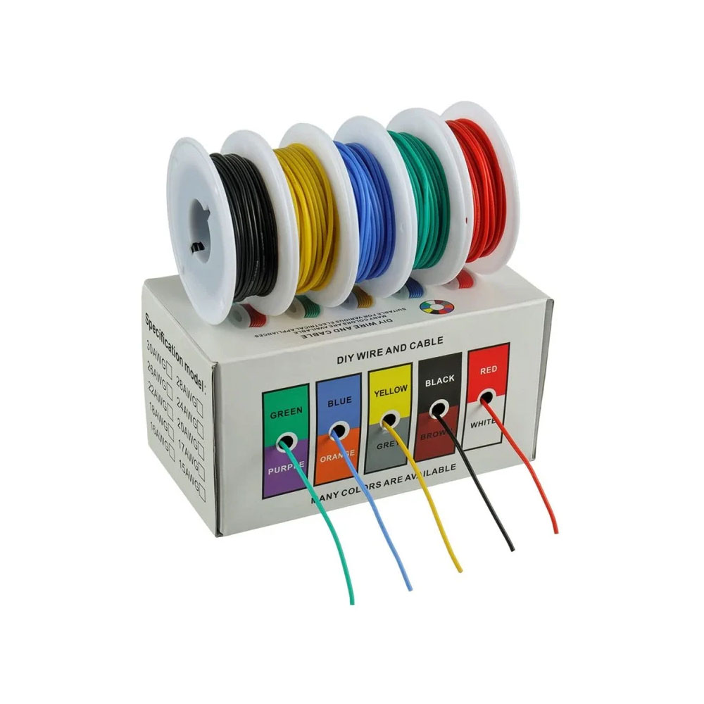 Набір монтажного дроту 22AWG, 5 кольорів, 50 м (чорний, червоний, жовтий, синій, зелений) Набір монтажного дроту 22AWG, 5 кольорів, 50 м (чорний, червоний, жовтий, синій, зелений)