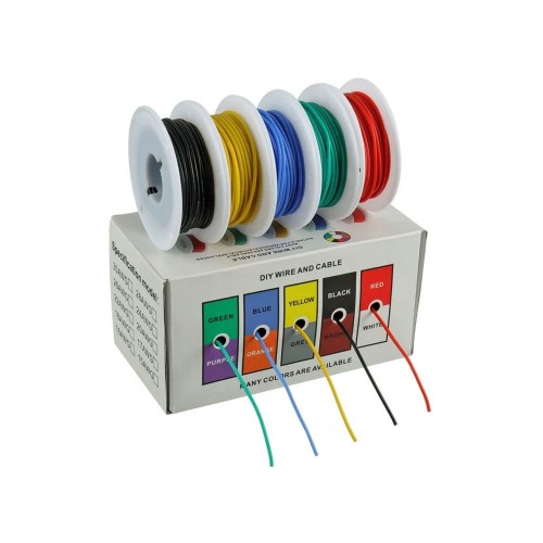 Набір монтажного дроту 22AWG, 5 кольорів, 50 м (чорний, червоний, жовтий, синій, зелений) Набір монтажного дроту 22AWG, 5 кольорів, 50 м (чорний, червоний, жовтий, синій, зелений)