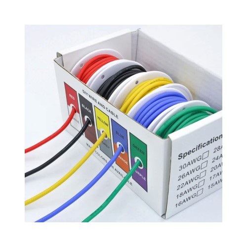 Набір монтажного дроту 22AWG, 5 кольорів, 50 м (чорний, червоний, жовтий, синій, зелений) Набір монтажного дроту 22AWG, 5 кольорів, 50 м (чорний, червоний, жовтий, синій, зелений)